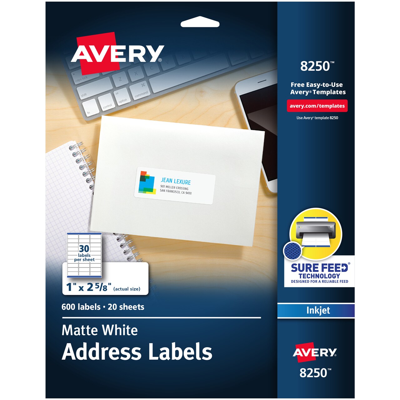 Avery Printable Address Labels, 1" x 2-5/8", Matte White, Sure Feed Technology, Inkjet Printer Compatible, 600 Blank Labels Total (8250)